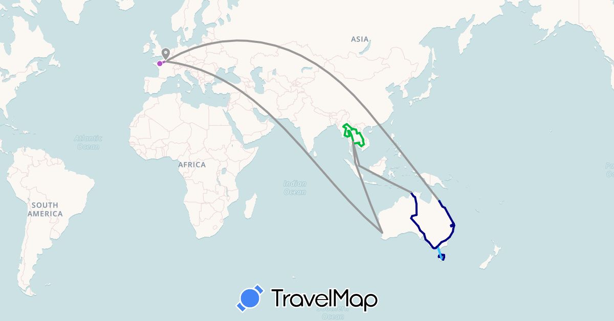 TravelMap itinerary: driving, bus, plane, train, hiking, boat in Australia, France, Hong Kong, Cambodia, Laos, Myanmar (Burma), Malaysia, Singapore, Thailand (Asia, Europe, Oceania)